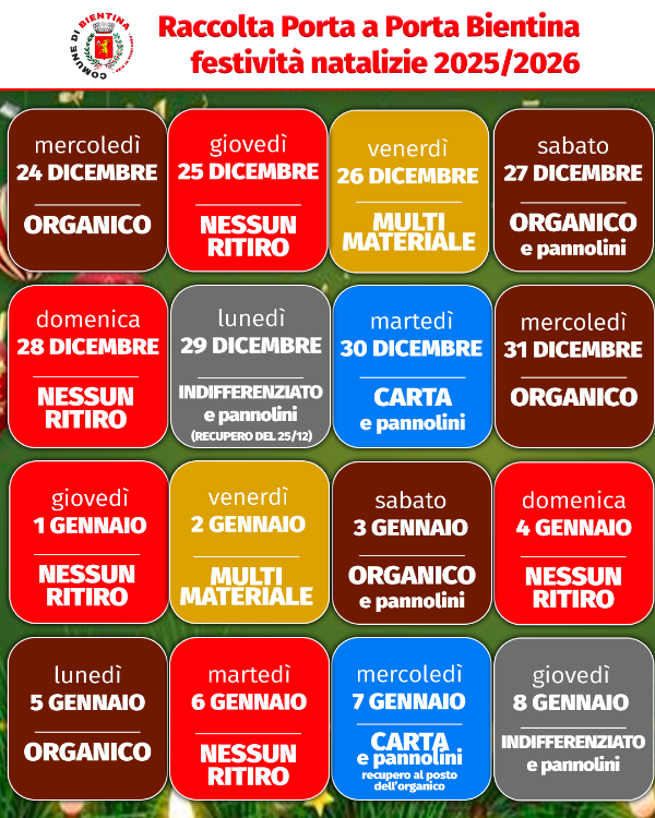 Calendario porta a porta festività 2025-2026