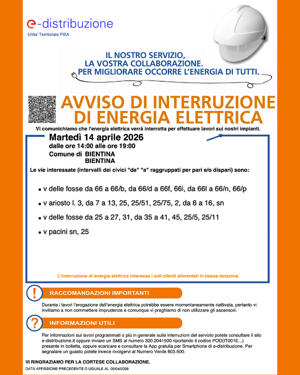 Interruzione energia elettrica - 14 Aprile 2026 - Locandina