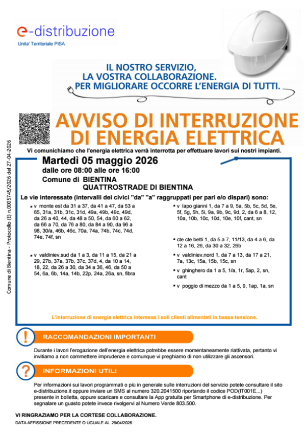 Interruzione energia elettrica - 5 Maggio 2026 - Locandina 1