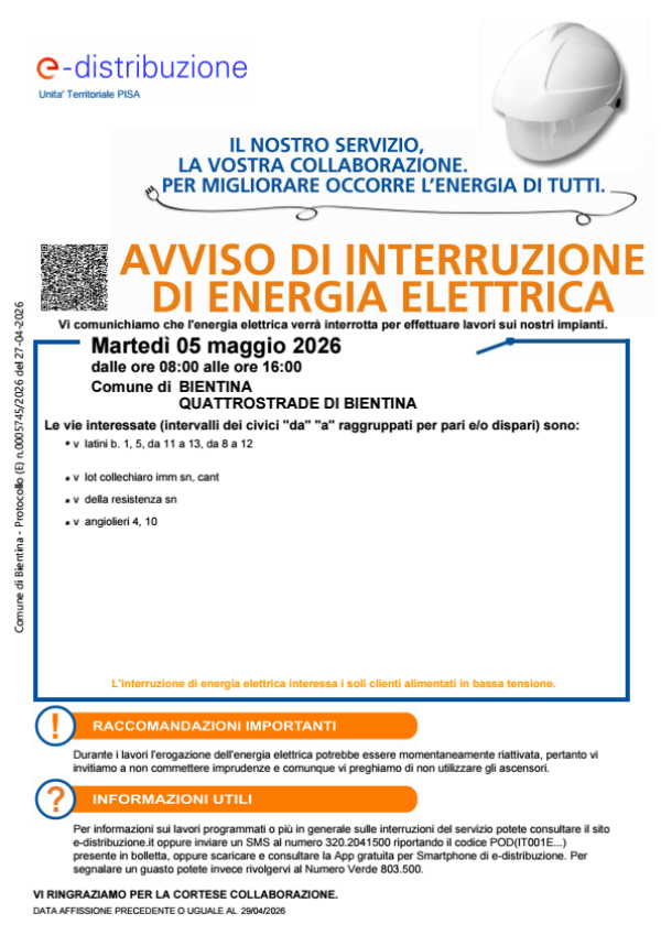 Interruzione energia elettrica - 5 Maggio 2026 - Locandina 2