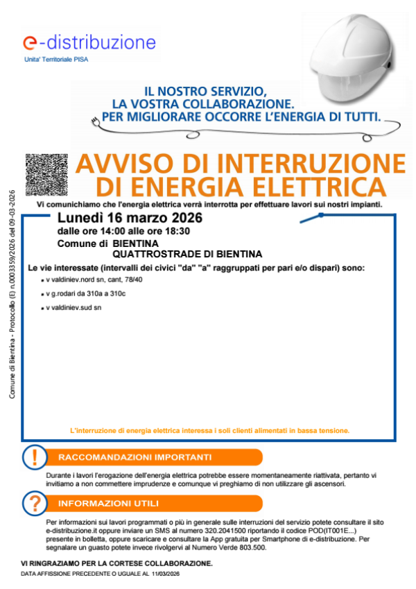 Interruzione Energia Elettrica - 16 marzo 2026 - Locandina