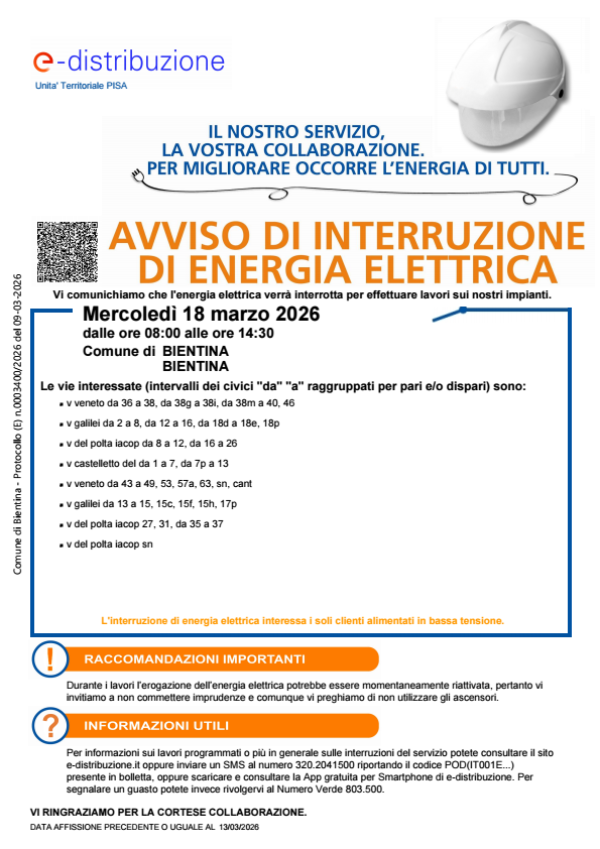 Interruzione energia elettrica - 18 Marzo 2026 - Locandina