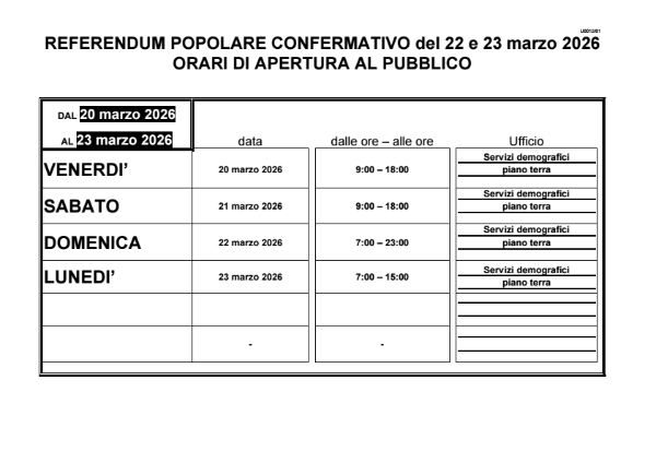 Referendum popolare 2026 - Orario Straordinario Servizio Elettorale