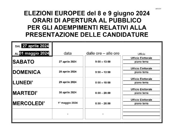 Elezioni Europee 2024 - Orario apertura ufficio Elettorale per presentazione Candidature