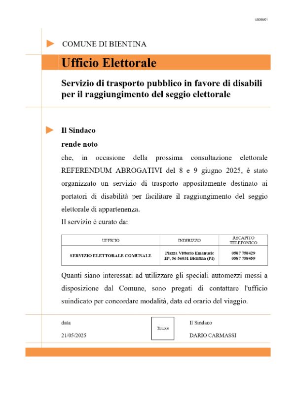 Immagine - Elezioni - Servizio di trasporto pubblico in favore di disabili - Manifesto