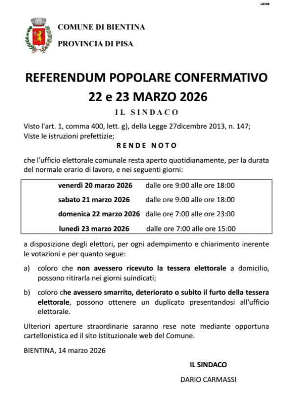 Referendum popolare 2026 - Avviso del Sindaco - Manifesto