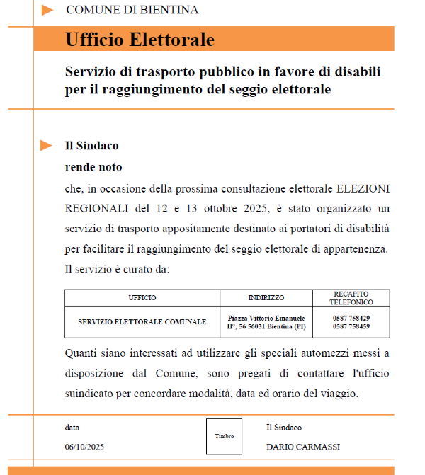Immagine - Elezioni - Servizio di trasporto pubblico in favore di disabili - Manifesto