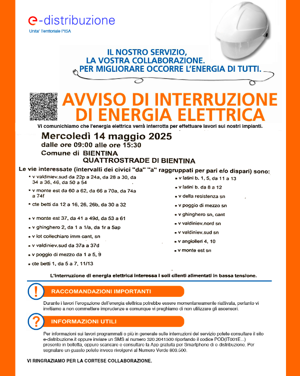 Interruzione Energia Elettrica - 14 Maggio 2025 - Locandina