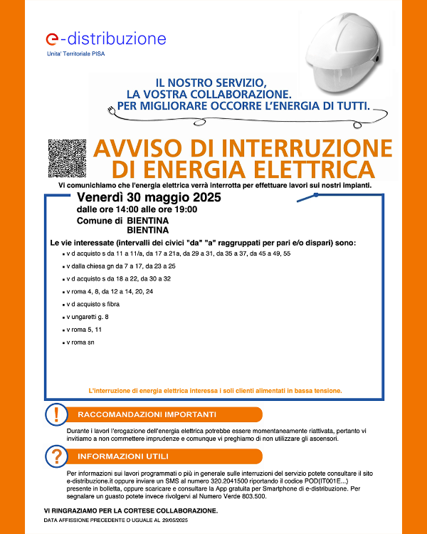 Interruzione Energia Elettrica - 30 Maggio 2025 - Locandina