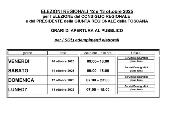Elezioni Regionali - Orario straordinario Servizio Elettorale