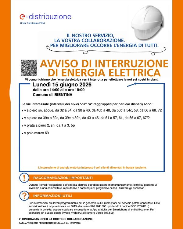 Interruzione energia elettrica 15 Giugno 2026 - Locandina