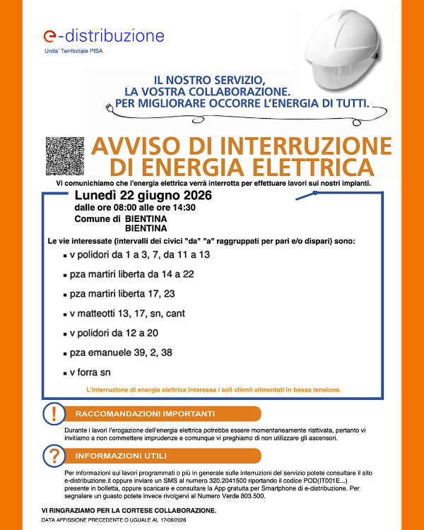 Interruzione energia elettrica 22 Giugno 2026 - Locandina