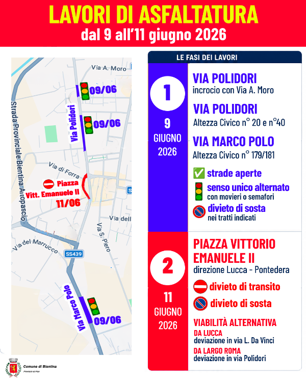 Lavori asfaltatura - 9 - 11 Giugno 2026 - Locandina