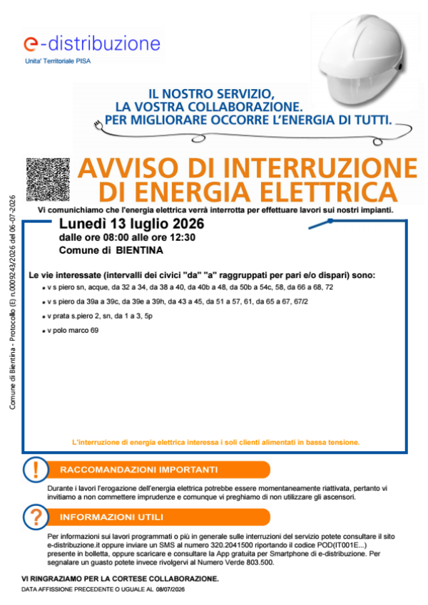 Interruzione energia elettrica 13 Luglio 2026 - Locandina