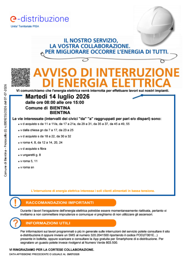 Interruzione energia elettrica 14 luglio 2026 - Locandina